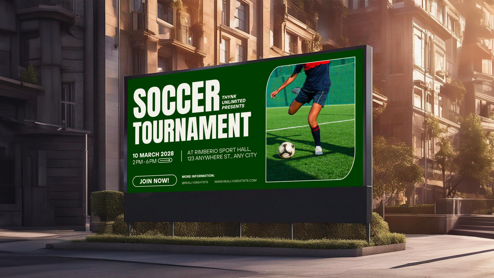 A digital signage board showing an upcoming sports event