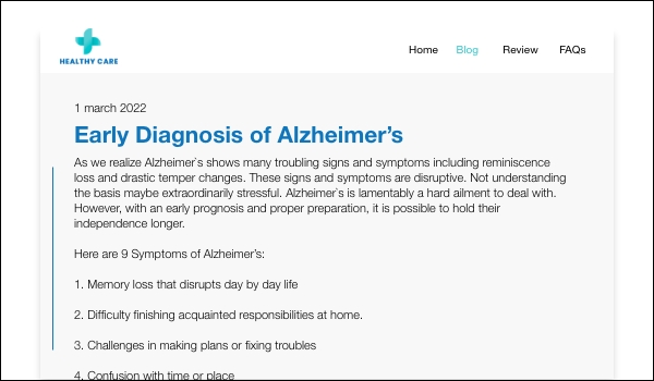 webpage screenshot displaying a long blog about alzheimer's as a part of marketing strategy of a healthcare website