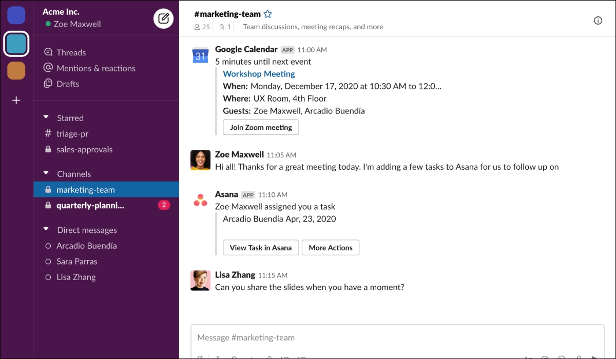 A screenshot shows a series of messages & workplace communication channels on the messaging app Slack