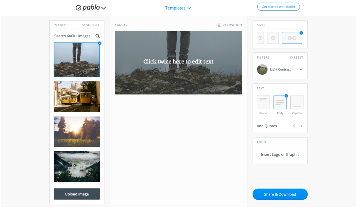 Pablo editor dashboard shows its simple UI with image templates to create quick social media posts