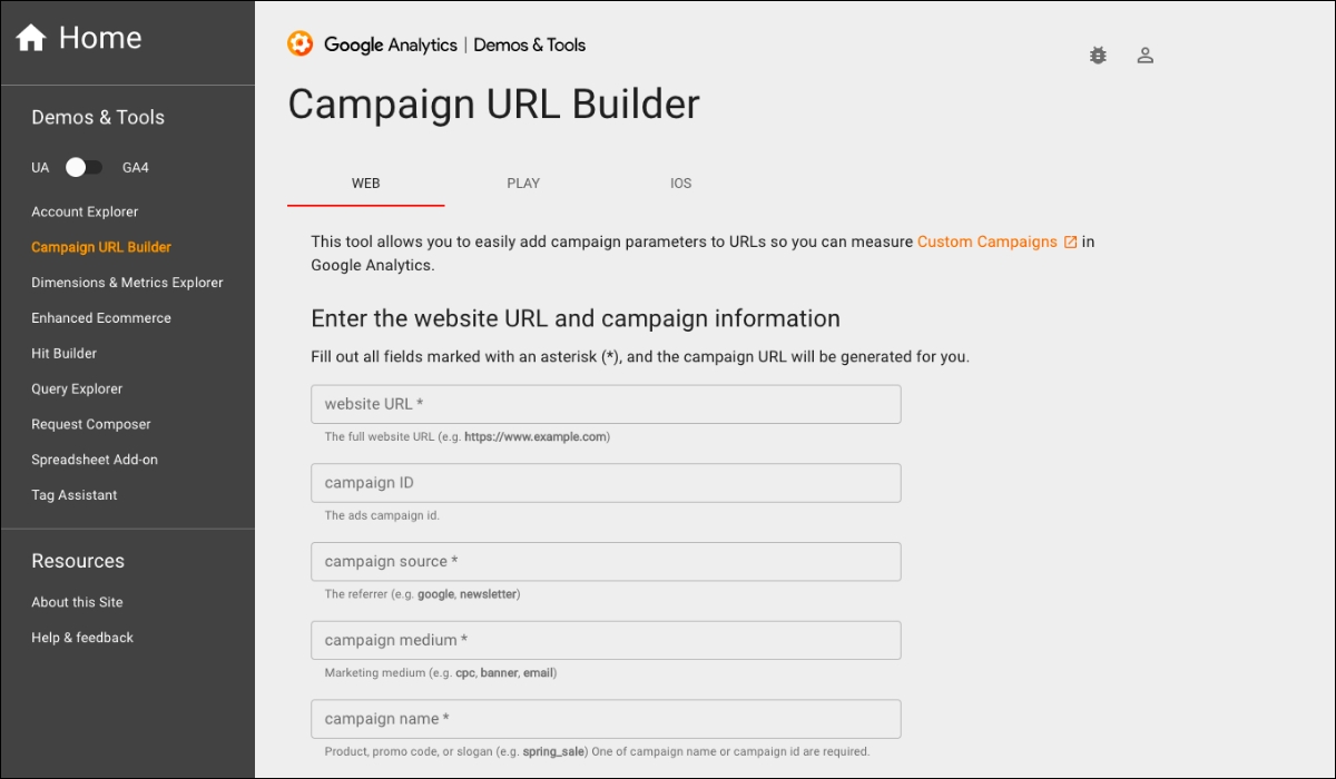 Dashboard of the UTM link generating tool Campaign URL Builder shows various input fields