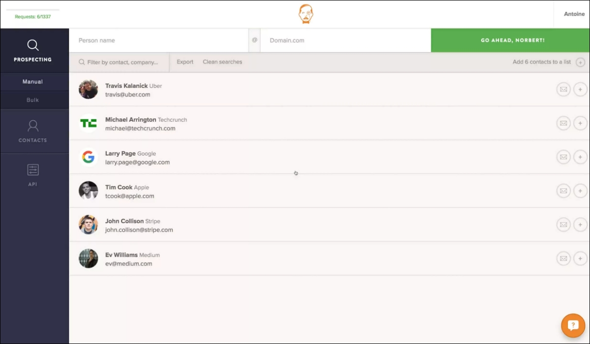 The software dashboard of Voila Norbert, an email discovery tool, shows a list of discovered emails in the search result