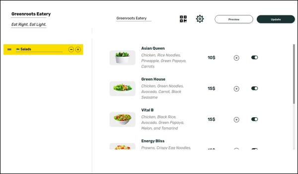 pickcel menu app interface screenshot