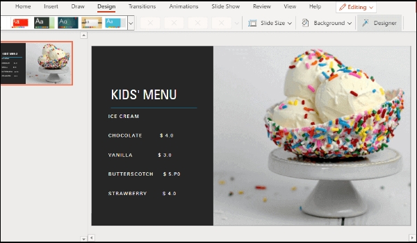 screenshot from Microsoft PowerPoint showing icecream shop themed menu design