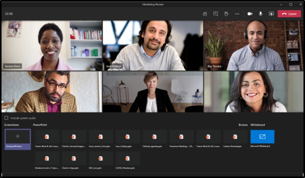 microsoft teams video conferencing software interface with 6 employees attending a marketing review call
