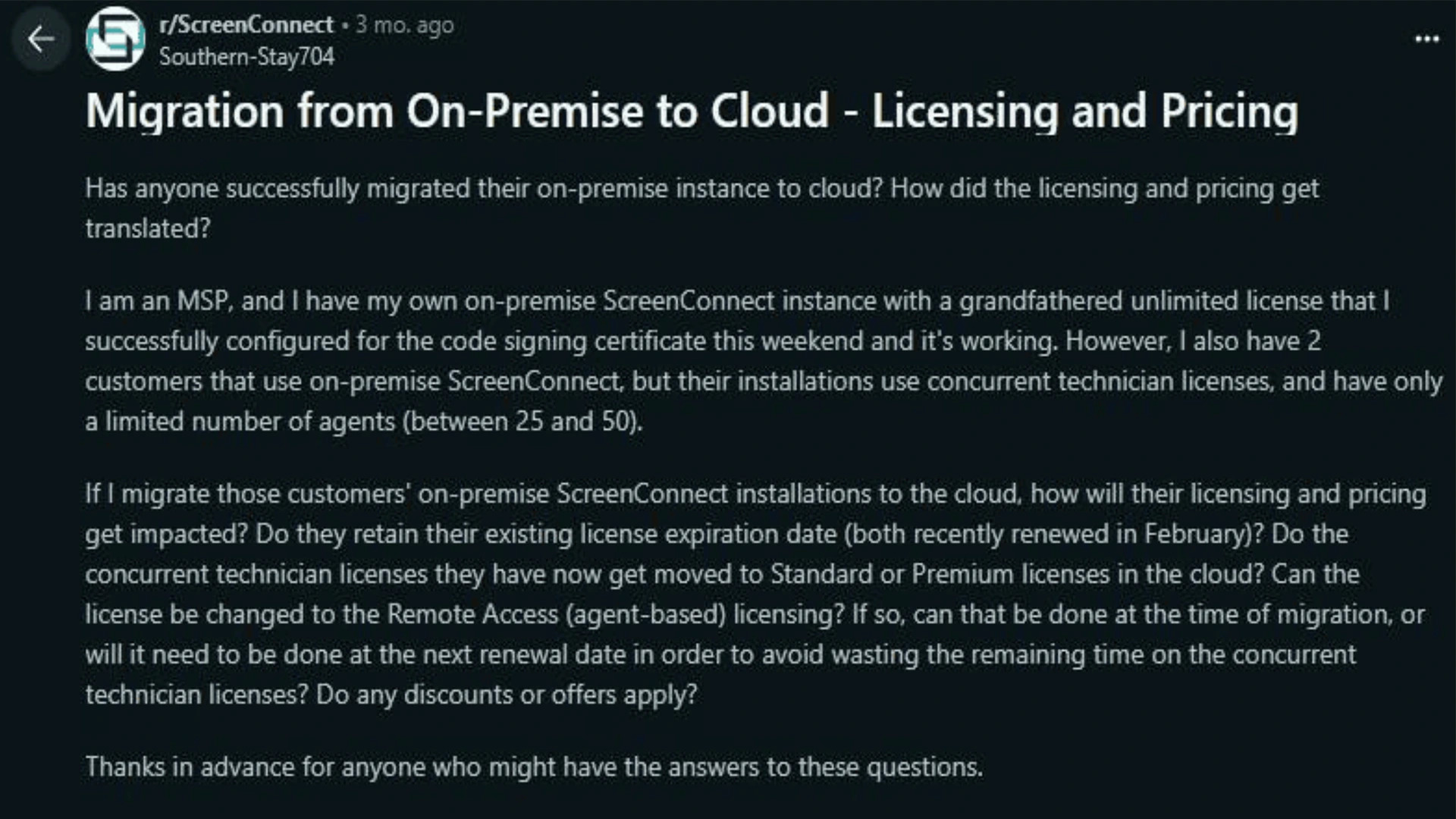 screenconnect comment on onpremise to cloud migration