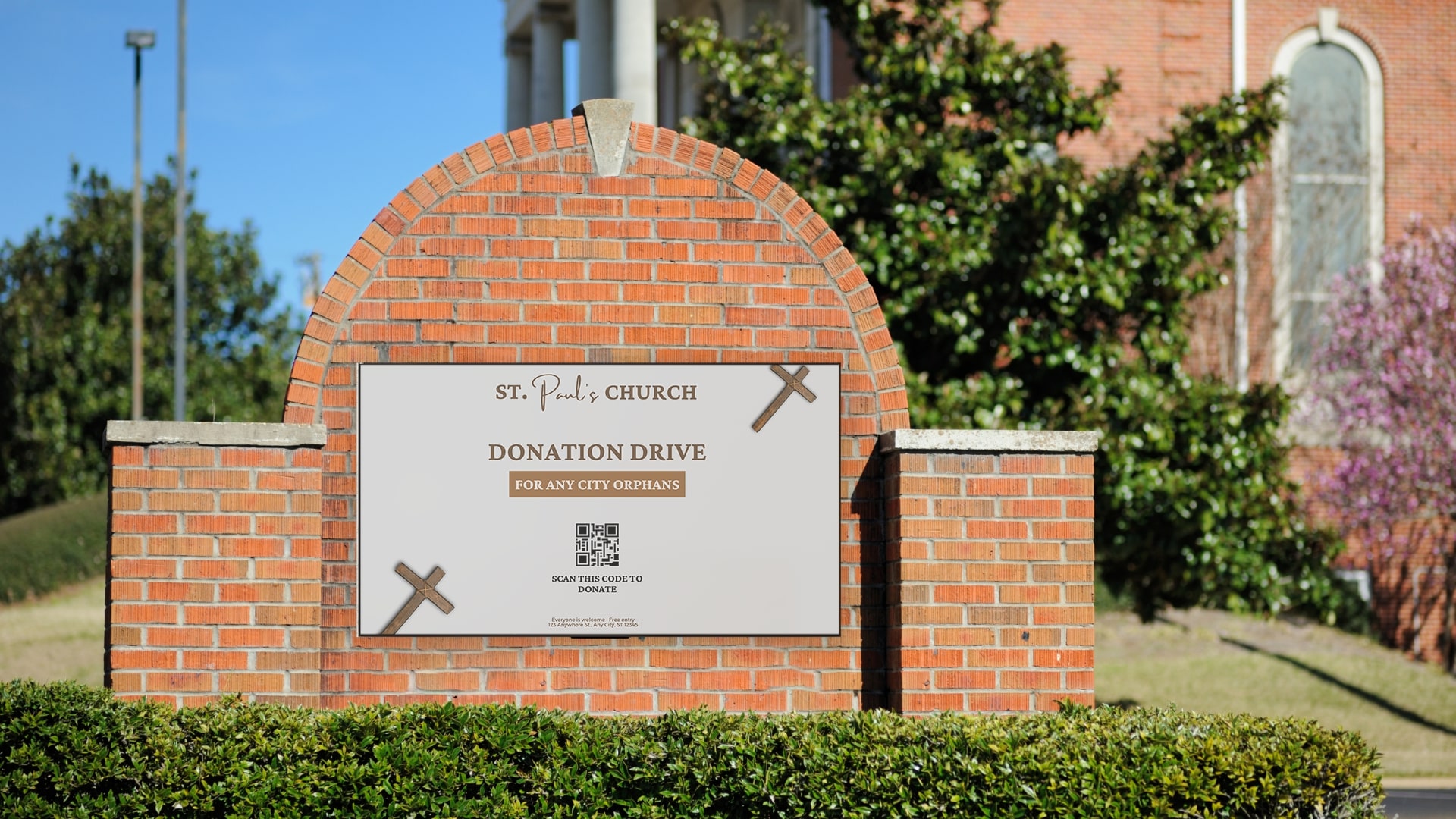 church enterance equipped with digital signage diplay showing donation information