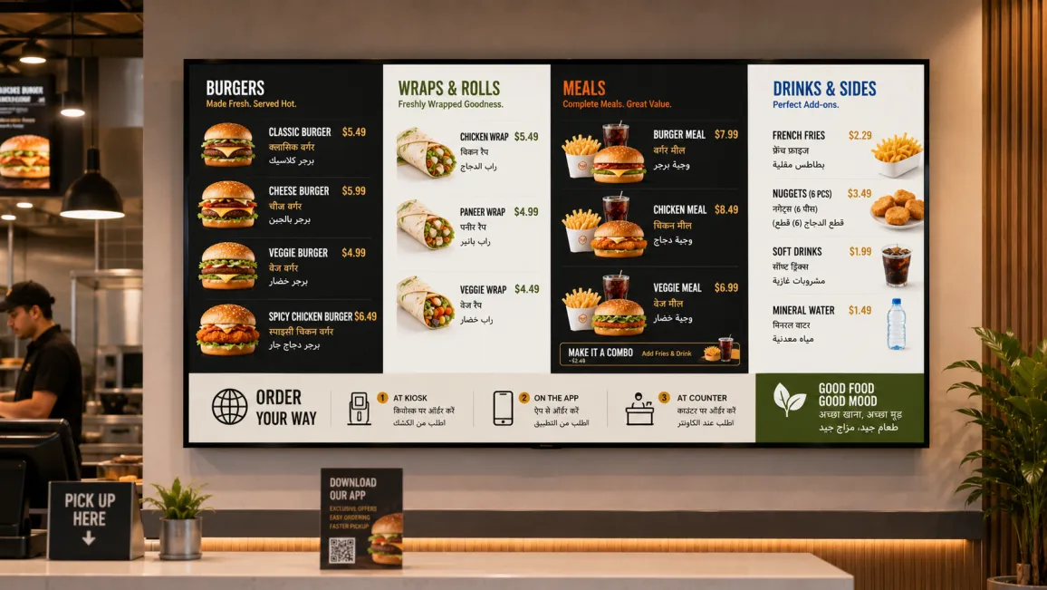 A restaurant digital menu board displaying English and Arabic language menus in rotation