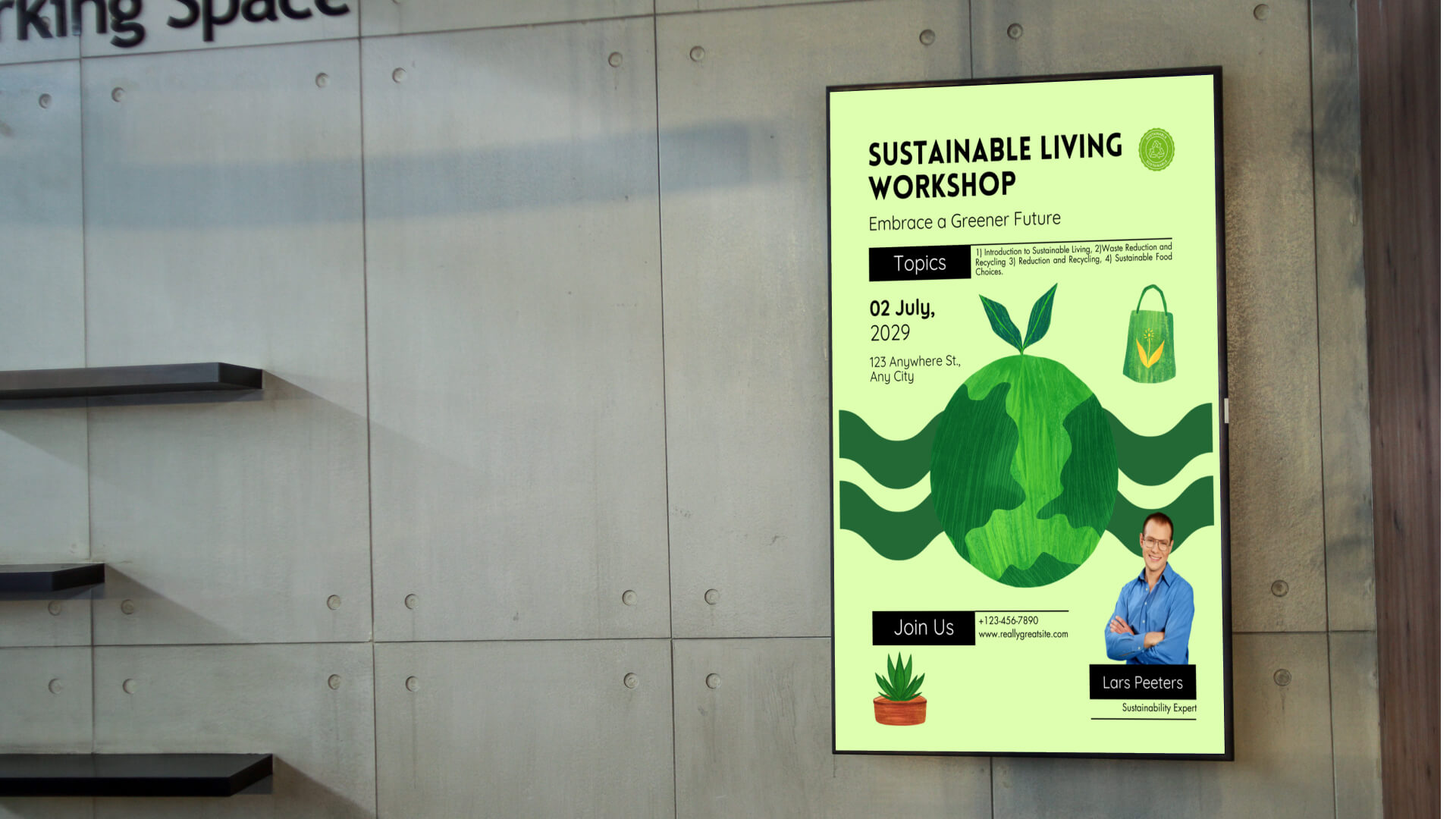 Office signage showing sustainability ideas