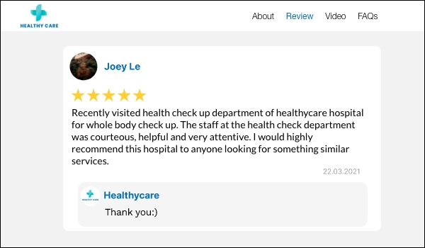 screenshot of a reply from a healthcare facility to an online review from a patient about his visit as a part of marketing strategy