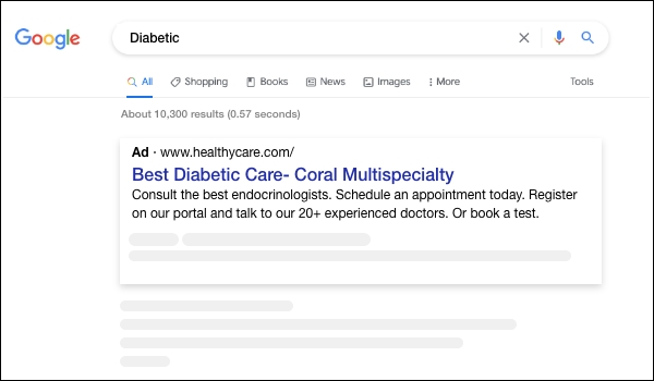 Google SERP showing ppc ads enabled by hospital marketing team as a part of marketing strategy