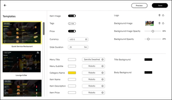 pickcel menu app interface screenshot