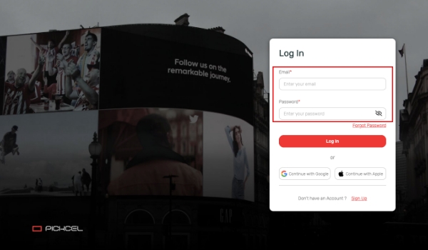 Pickcel Dashboard registration page where one can log in using Google Id/Apple profile/any email address