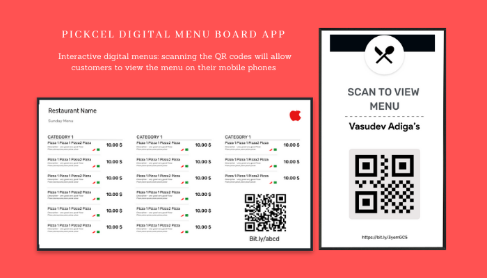pickcel’s digital menu board app being displayed on TV screens with horizontal and vertical orientations