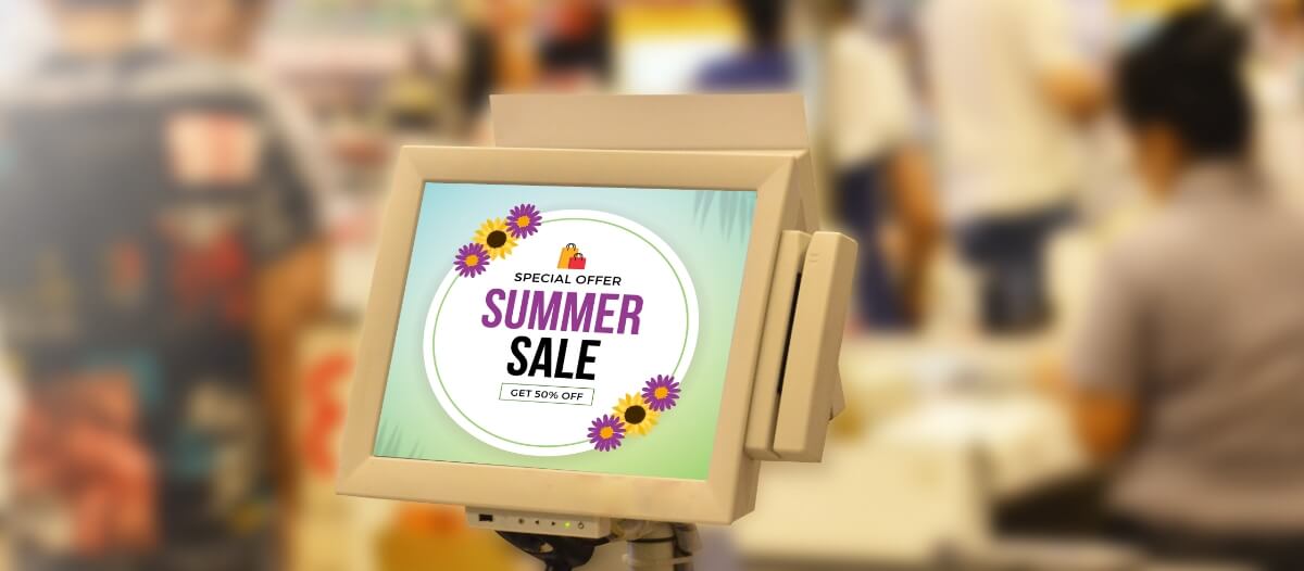 A point of sale display at a retail store shows attractive summer sale offers