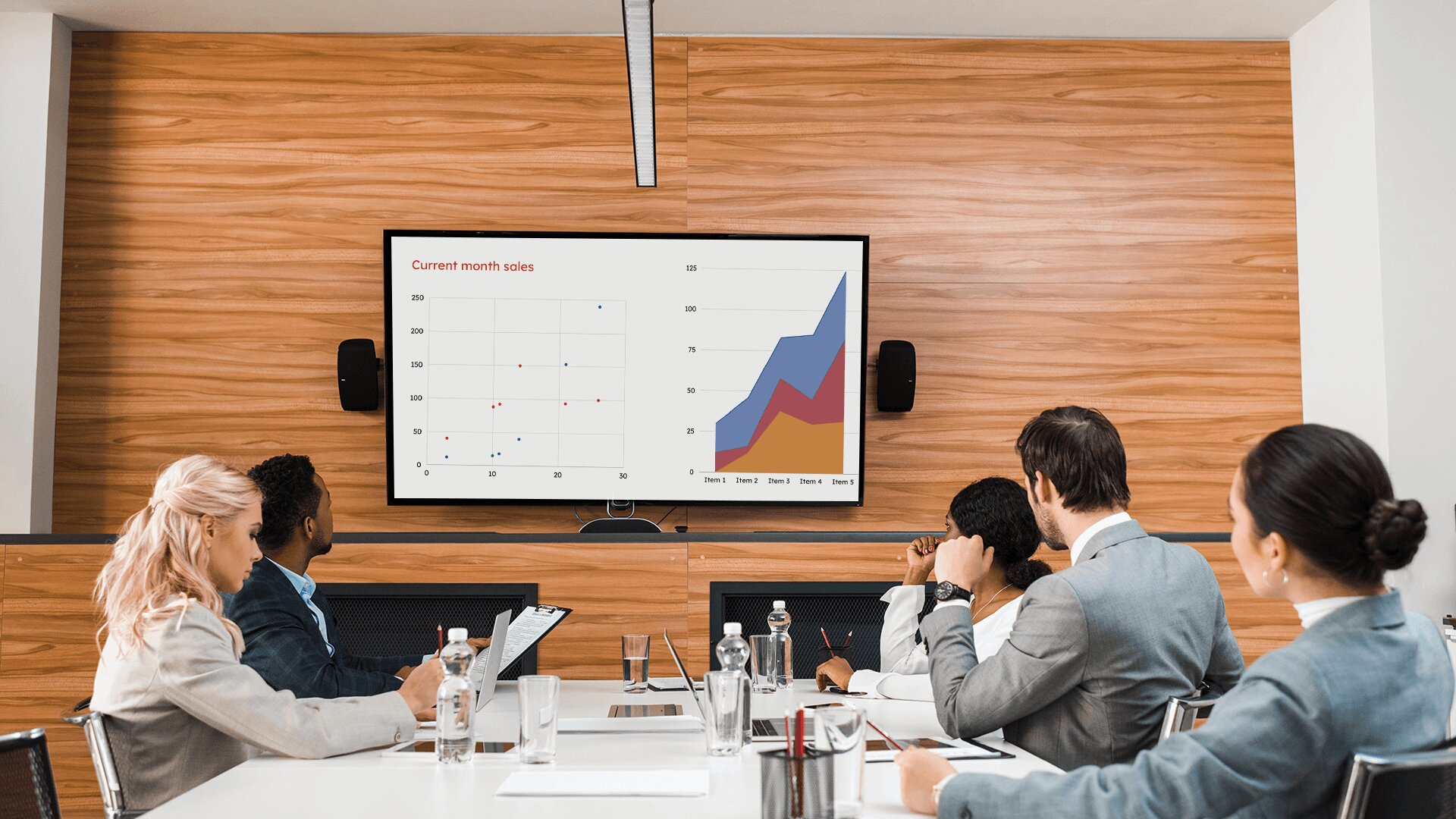 Employees sitting in a meeting room discuss the monthly sales stats that are being presented on a large digital signage screen