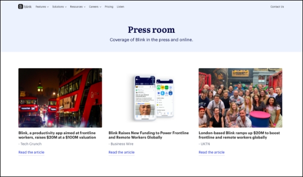 screenshot of Press Release website Blink