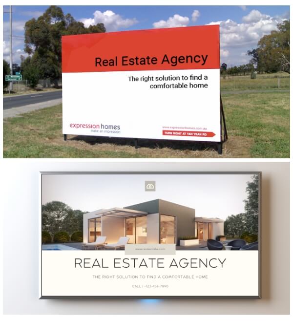 Two images compare traditional property signs with digital real estate signage