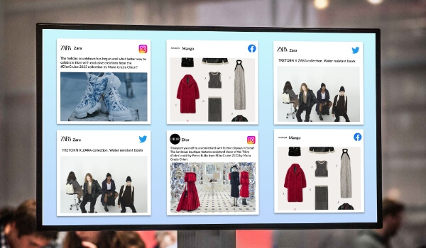 An LED screen shows real-time social media feeds from Facebook, Instagram & Twitter
