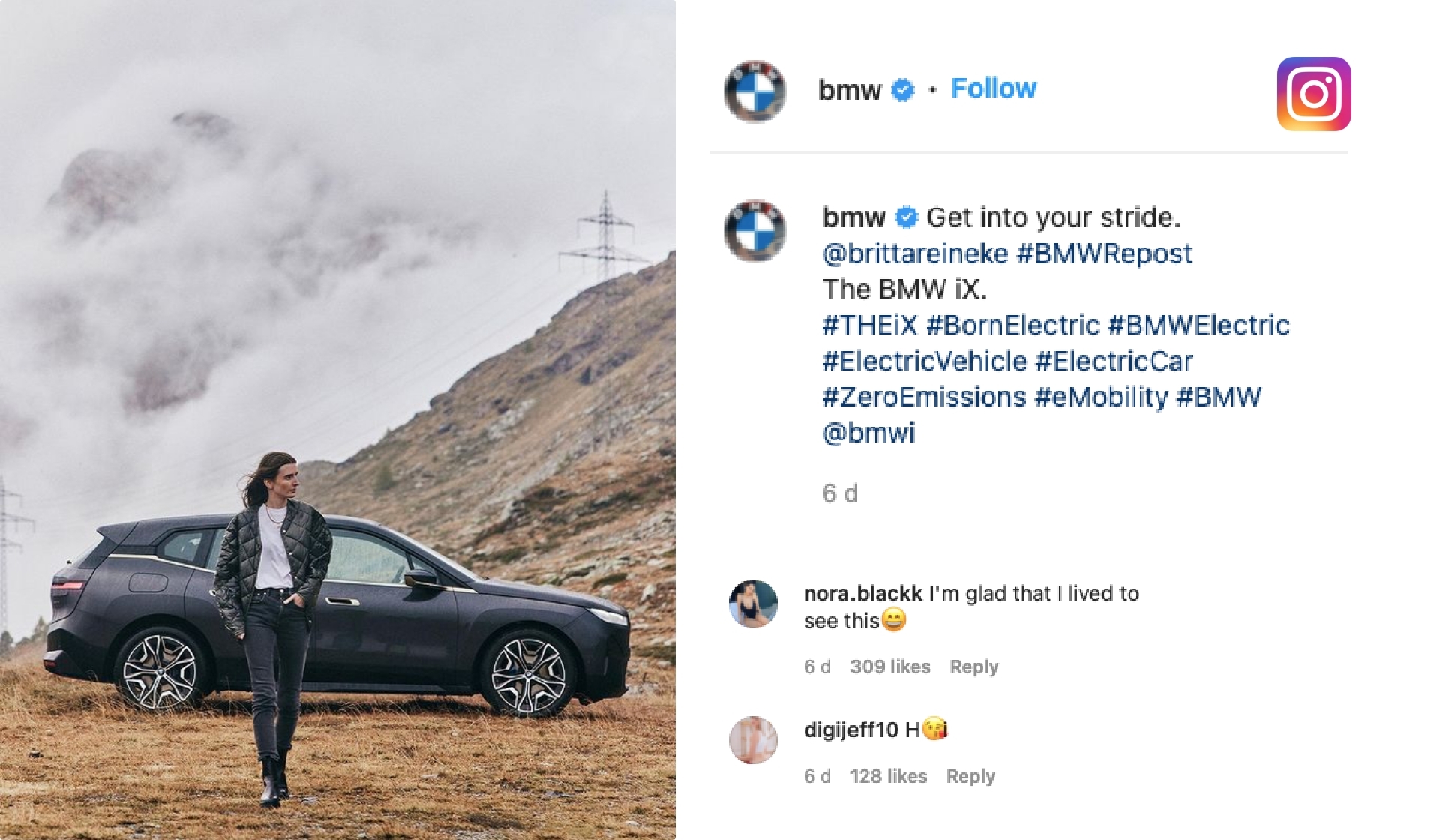 BMW reposts a user-generated content showing a customer’s photo with her new BMW iX