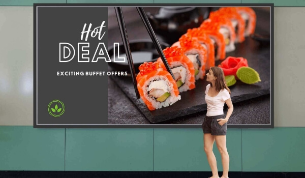 digital signage screen outside restaurant showing offers