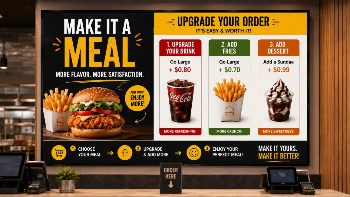 Digital menu board displaying upsell offers at a restaurant counter