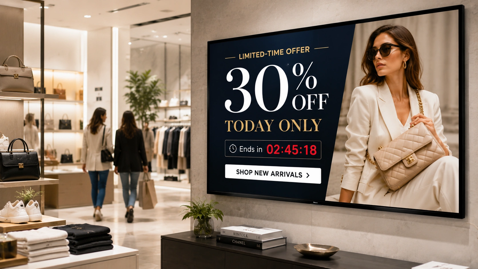 Bright digital display screens in a modern retail store showing a product promotion and seasonal collection