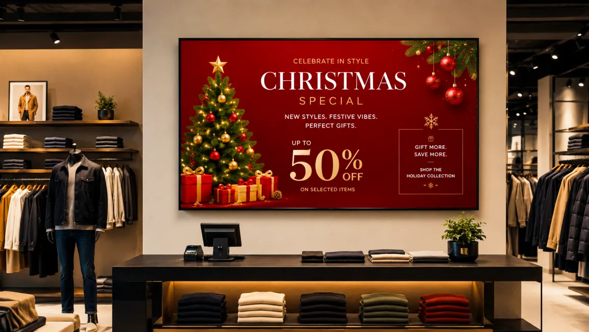 Retail store screens displaying festive seasonal promotion with bold holiday campaign visuals