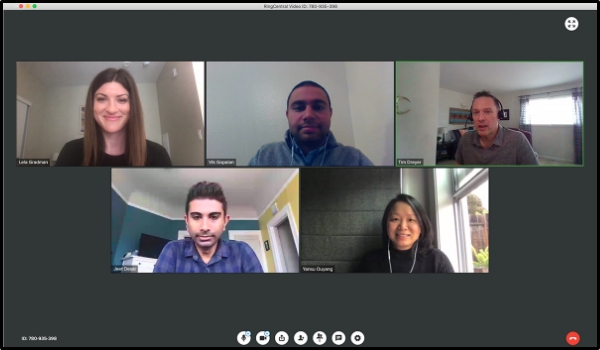 ringcentral virtual meeting platform interface showing 5 participants attending team meet from their homes