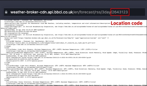 RSS weather feeds URL screenshot highlighting the location code
