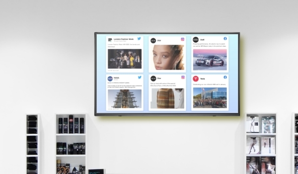 Social media feeds shown as a collage on a digital signage screen of a mall store