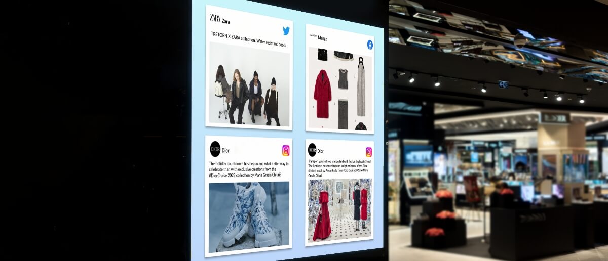 A social media wall in a retail store shows Twitter and Instagram posts