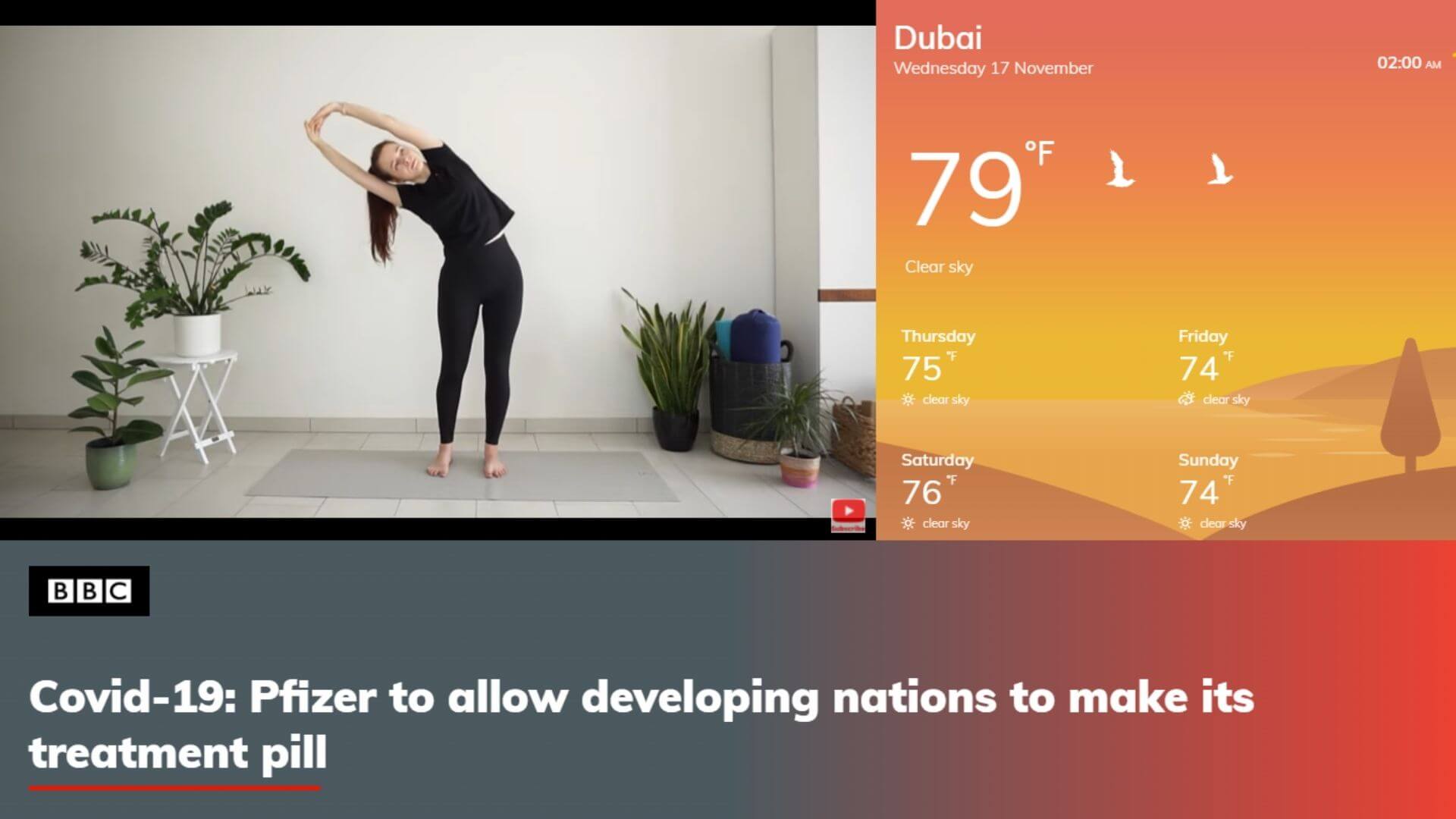 A screen showing an engaging 3-zone composition: a yoga video, news headlines from BBC and live weather plays simultaneously.