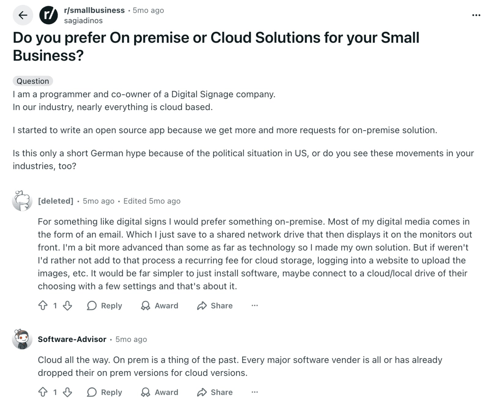 clopud vs on premise reddit thread