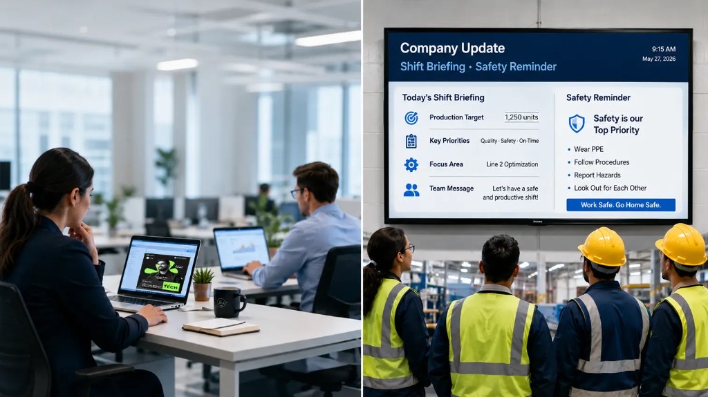 Office and factory workers viewing company update and shift briefing on digital signage screens