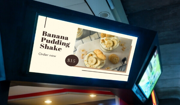 Digital signage displaying beverage item with name and price