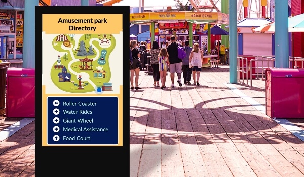 Digital wayfinding kiosk displaying map and directions for various destinations within a theme park