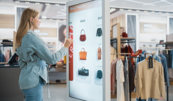 A woman inside a retail clothing store interacts with a digital product catalog showing bags & dresses