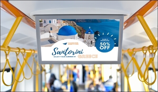 An on-board vehicle signage screen inside a bus shows travel packages to Greece