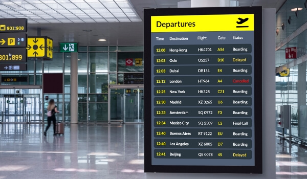 A flight information display system (FIDS) at an airport shows flight schedules, ETA & gate numbers