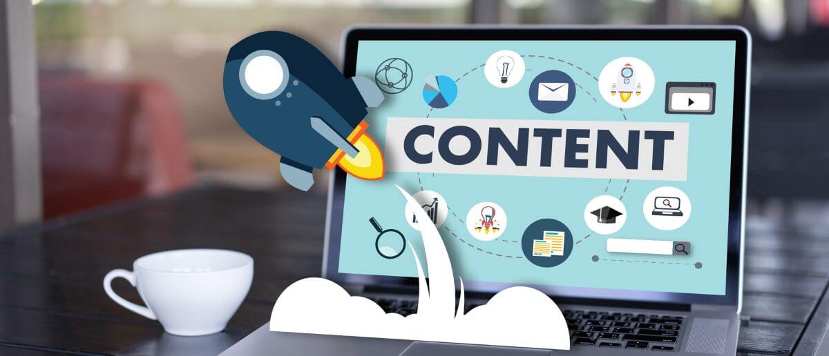 A laptop screen shows icons of different content with the word Content written