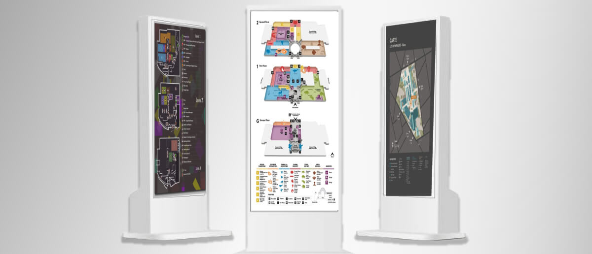 Three wayfinding kiosks with different map layouts