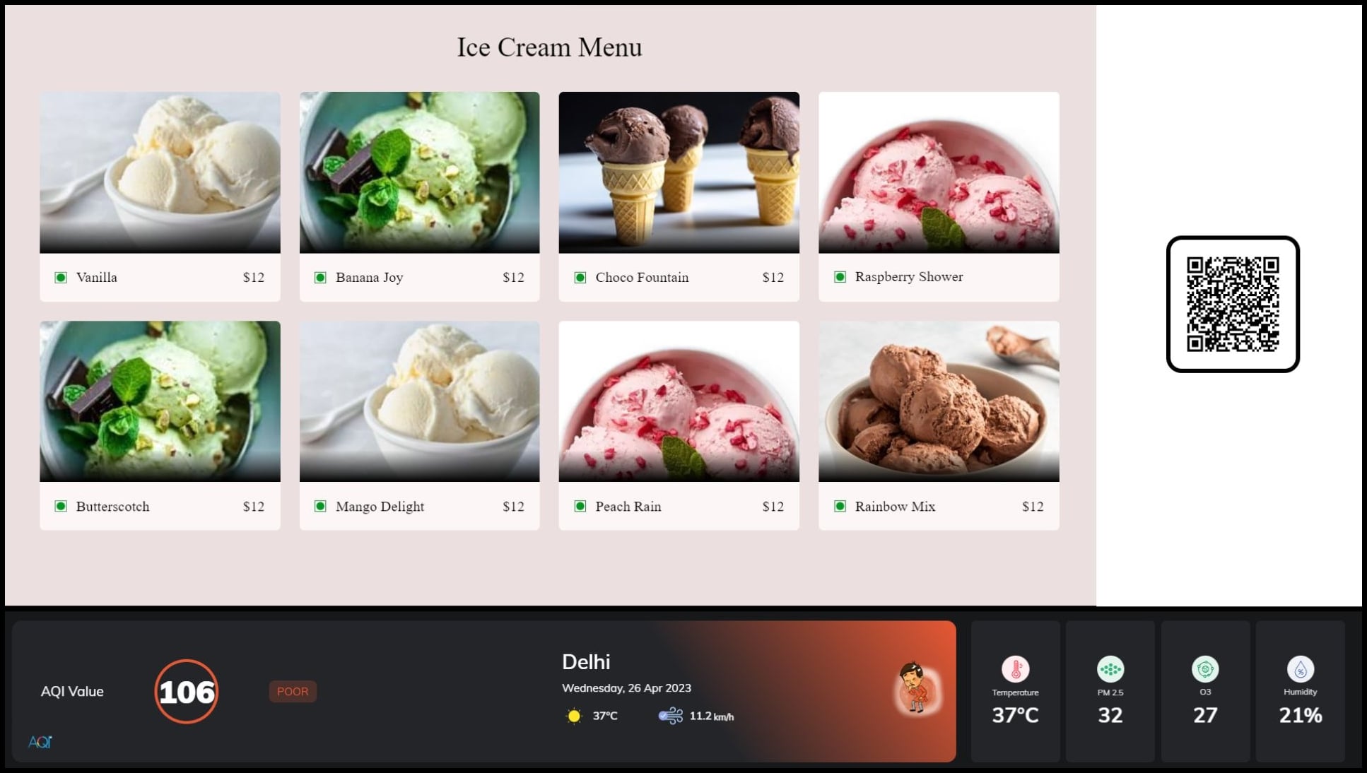digital menu board showing  menu