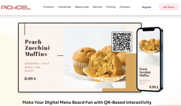 webpage screenshot from Pickcel showing their digital menu board solution features