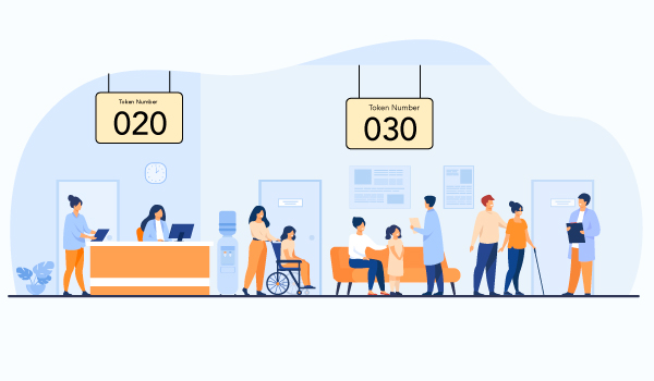 graphical representation of hospital reception area with digital signage screens showing token numbers