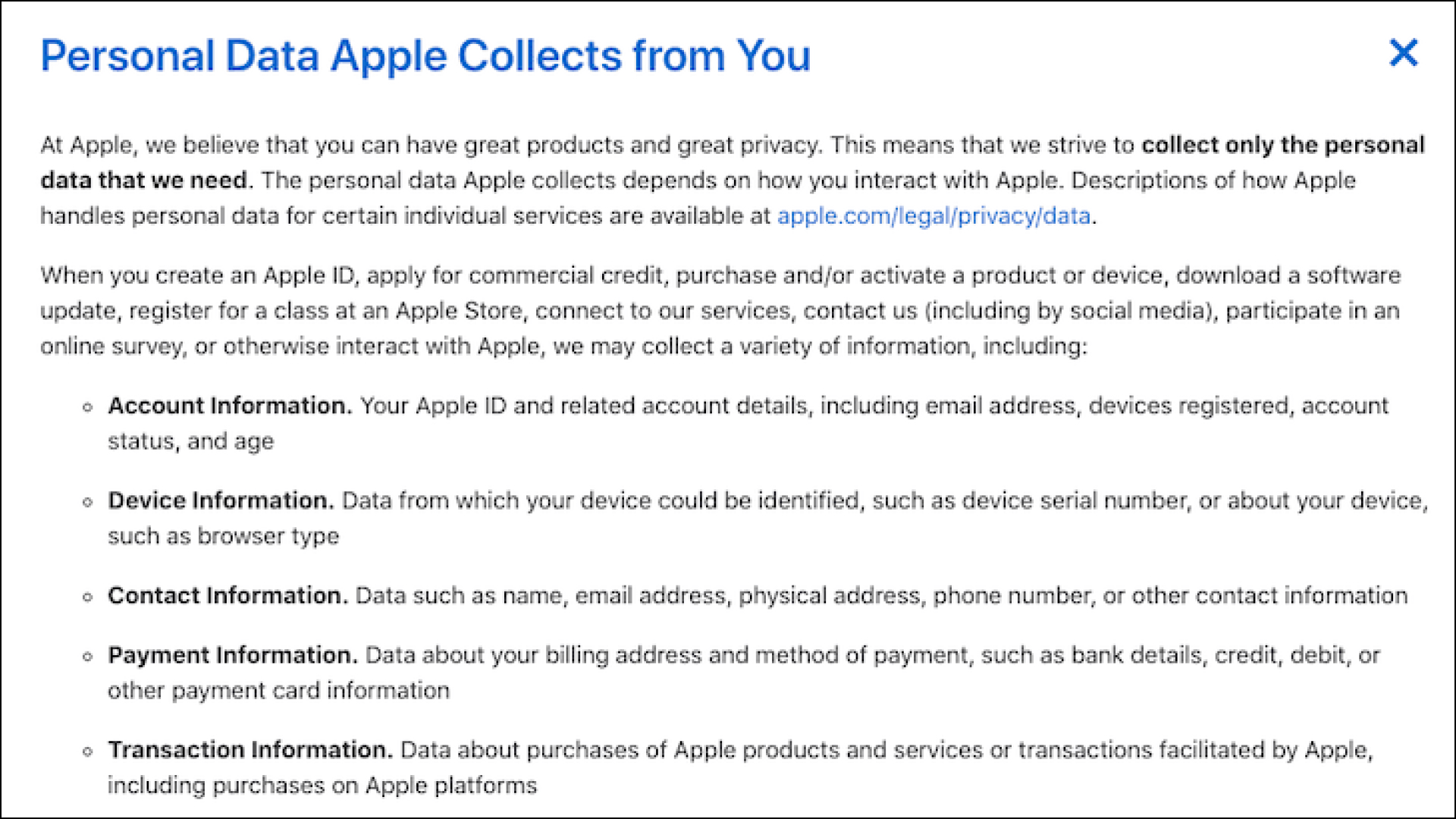 image showing the details of Personal data collection from the user by Apple.