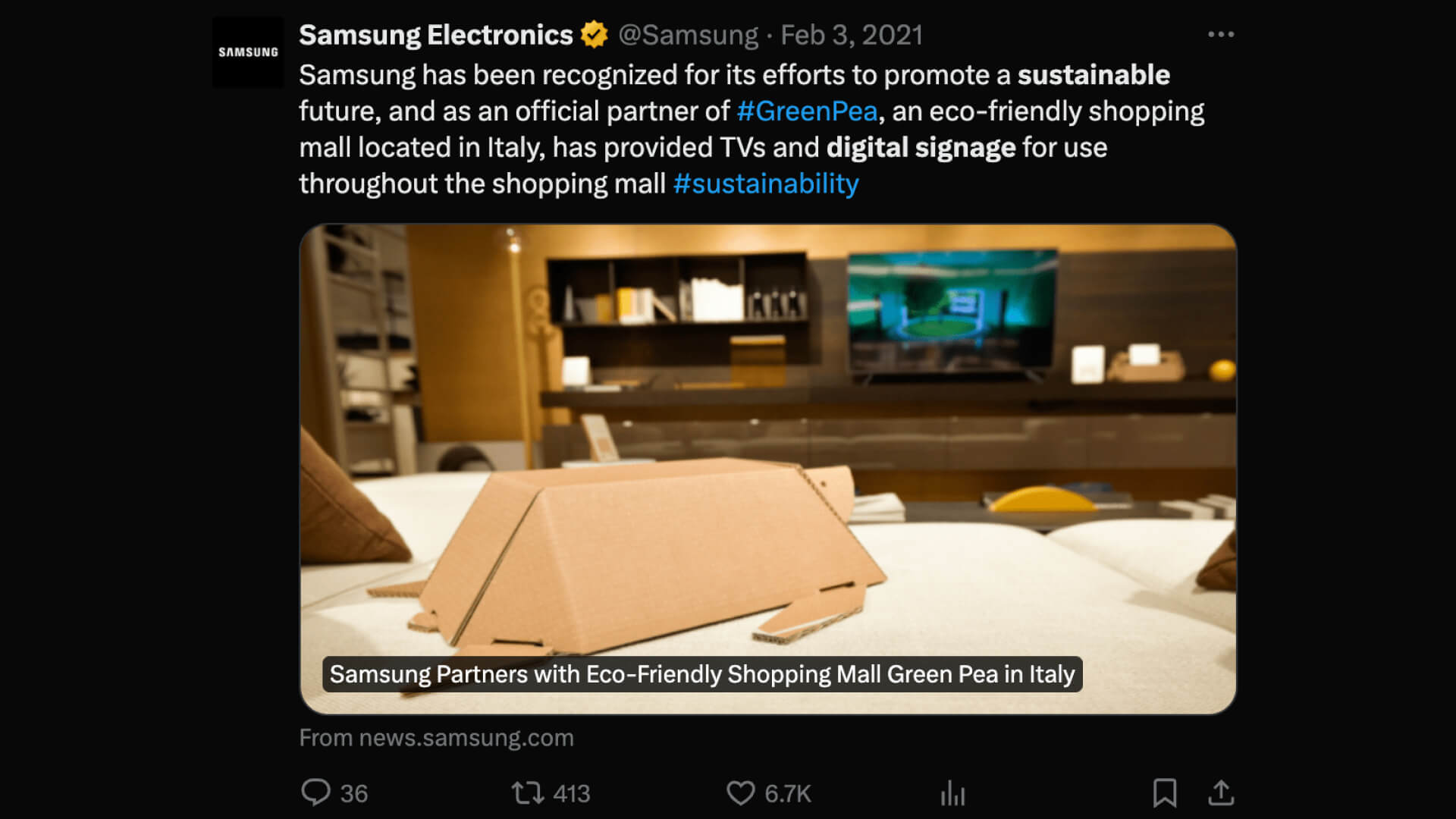 Samsung's tweet showing donation of TVs and digital signage to Green Pea