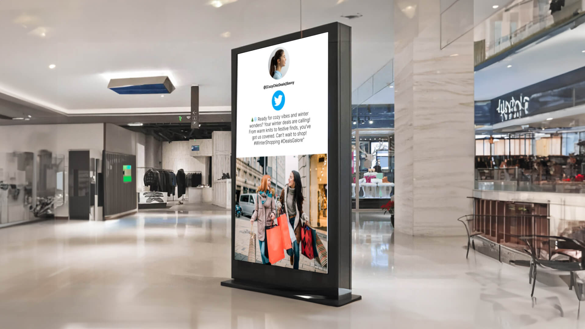 Digital signage kiosk used for showing latest trends on social media handles.