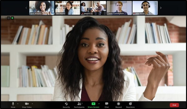 zoom meeting app interface showing 7 participants in a business meeting